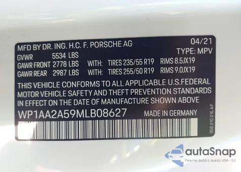 2021 Porsche Macan из США, поврежденный, VIN WP1AA2A59MLB08627